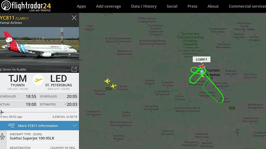 Аэропорт Тюмени готовится принять экстренную посадку SuperJet-100 с отказавшим двигателем (обновлено) - Новости Калининграда | Скриншот сервиса Flightradar24